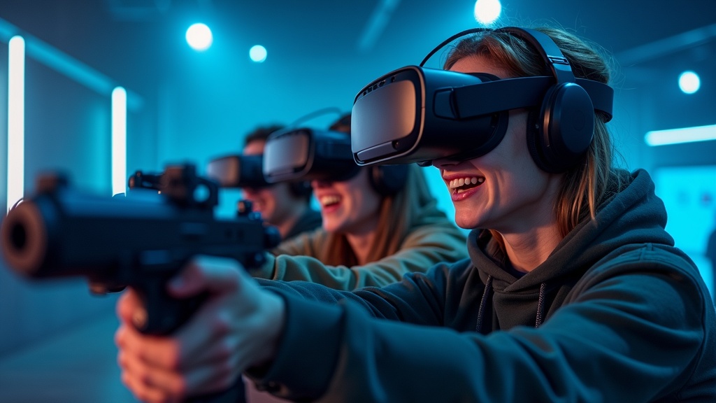 Jugador totalmente inmerso en un escenario de combate táctico en la Shooter Experience VR de Barcelona