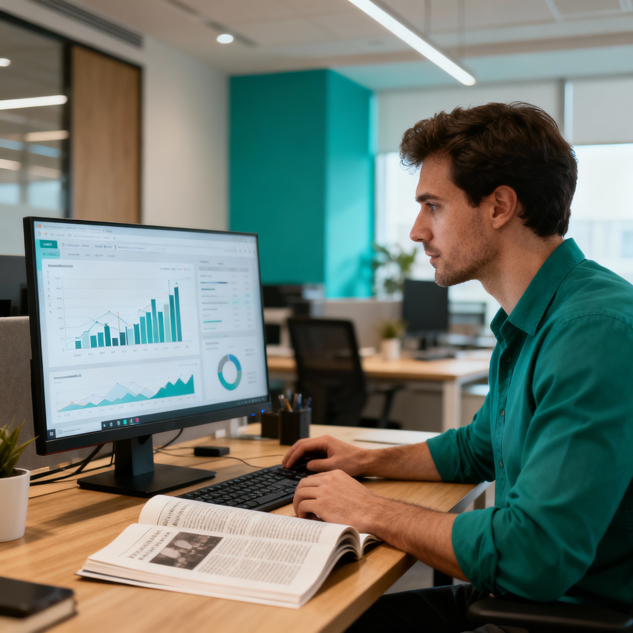 Photorealistic workspace with a marketer reviewing analytics on screen, modern office setting, mood: focused and professio...