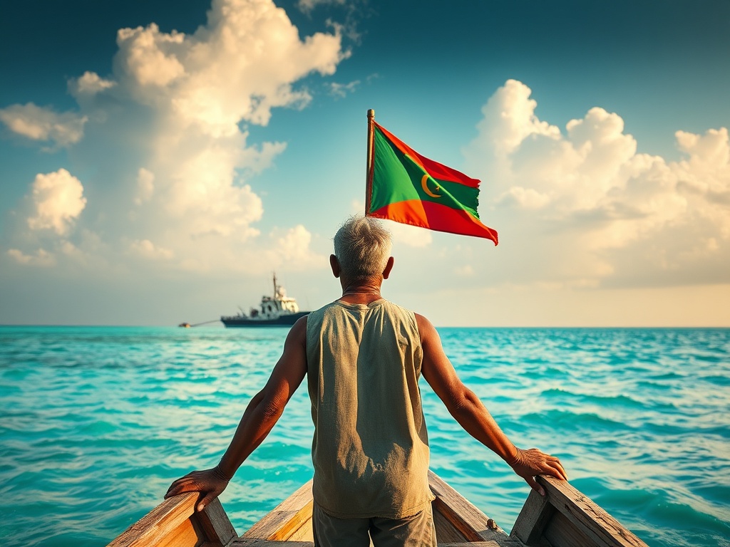 Maldivian Fisherman Watching Distant Warships from His Boat