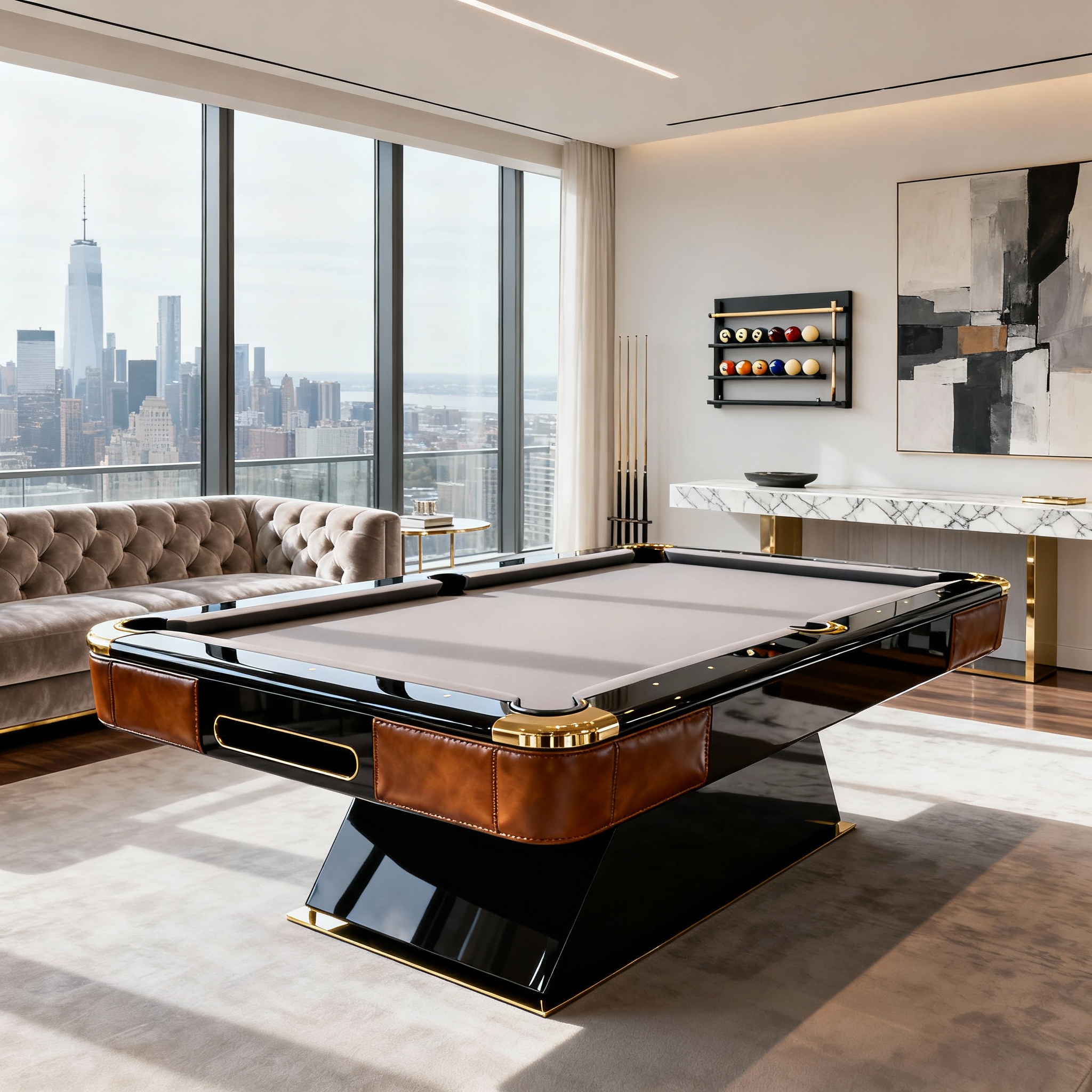 Photorealistic lifestyle photo of an upscale game room, wide-angle view showing a modern cantilever pool table in a pentho...