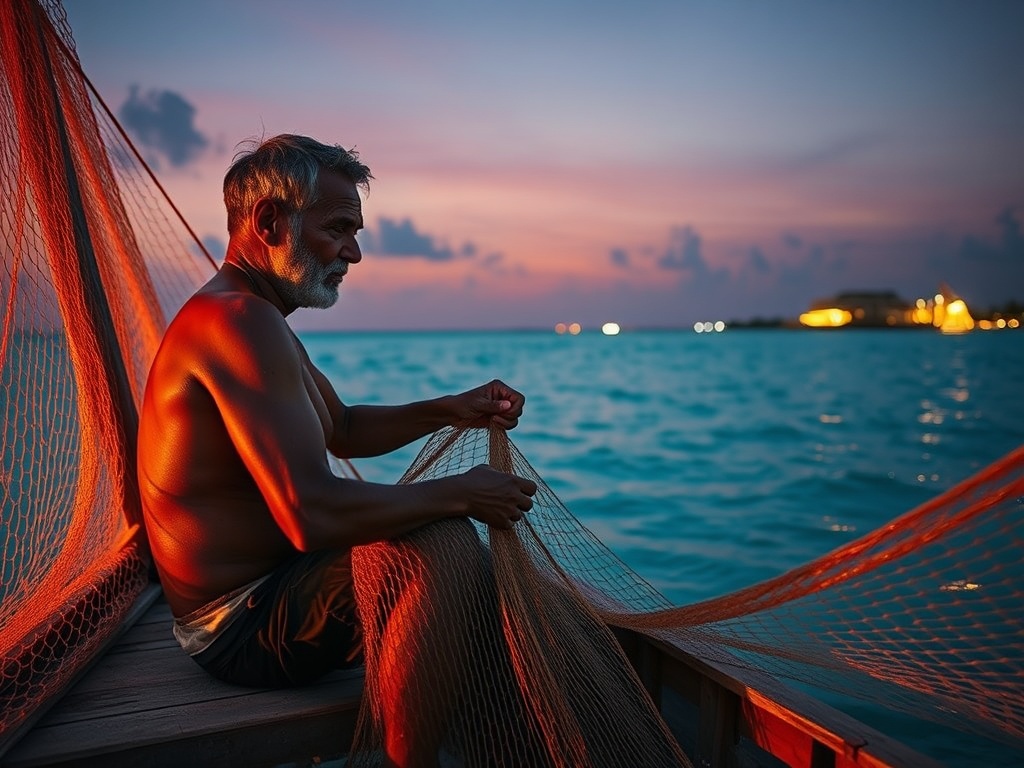 Fishermen Mending Nets as Resort Lights Glow Across the Lagoon