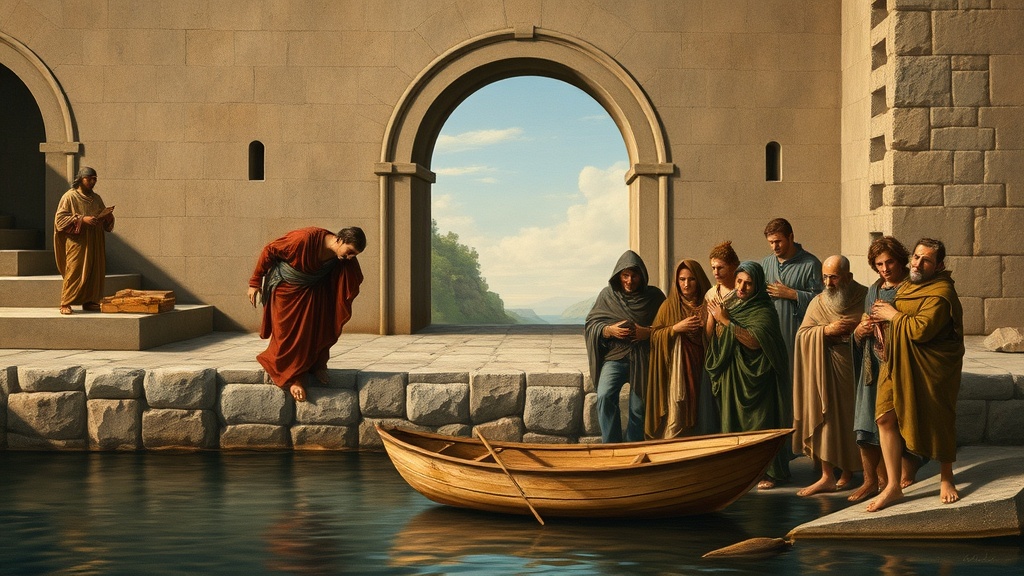 작은 석축 부두에 닻을 내린 보트와 해안에 내리는 피곤한 여행자들이 묘사된 고요한 종교적 풍경