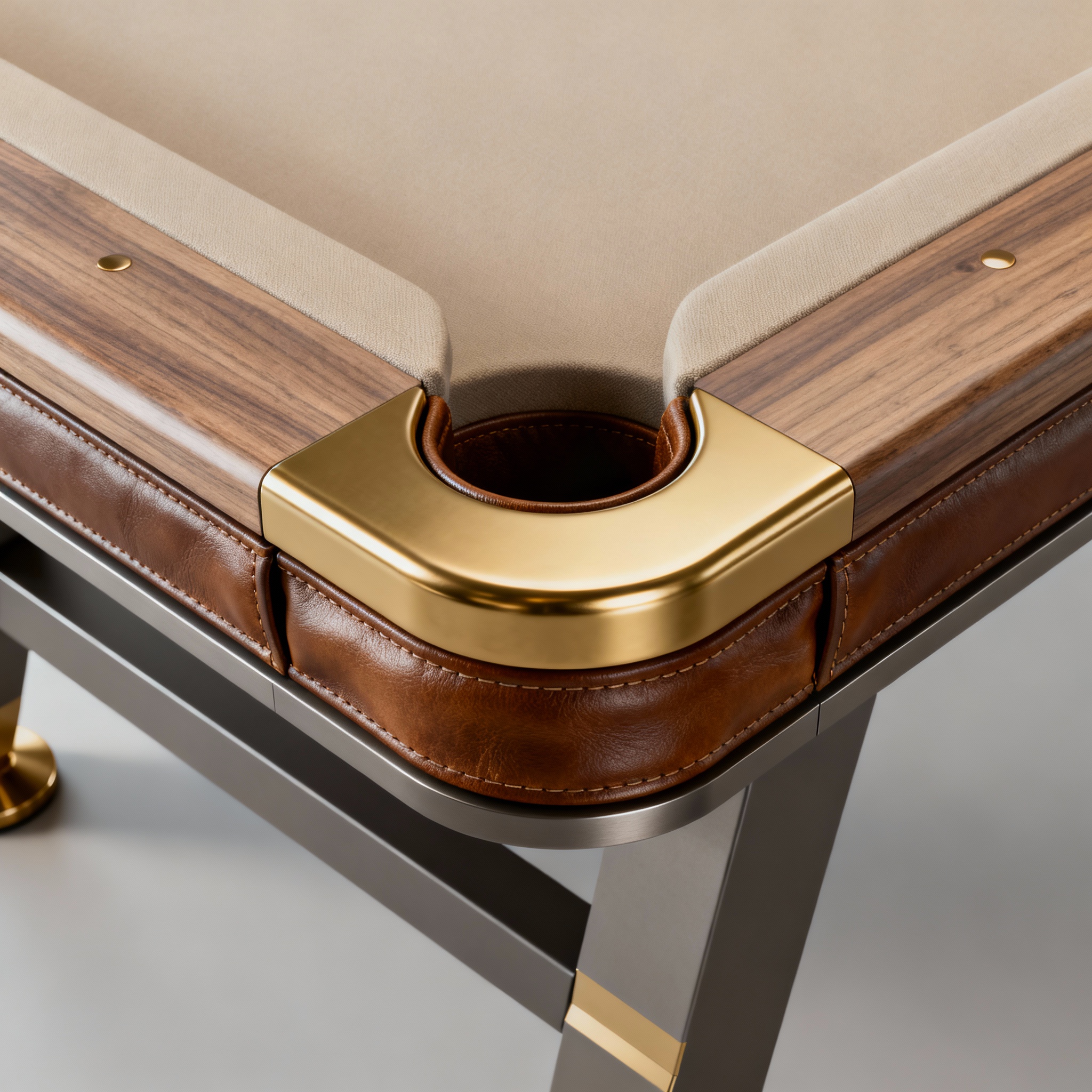Close-up photorealistic render of a modern cantilever pool table corner, showing premium rail detail, leather-wrapped pock...
