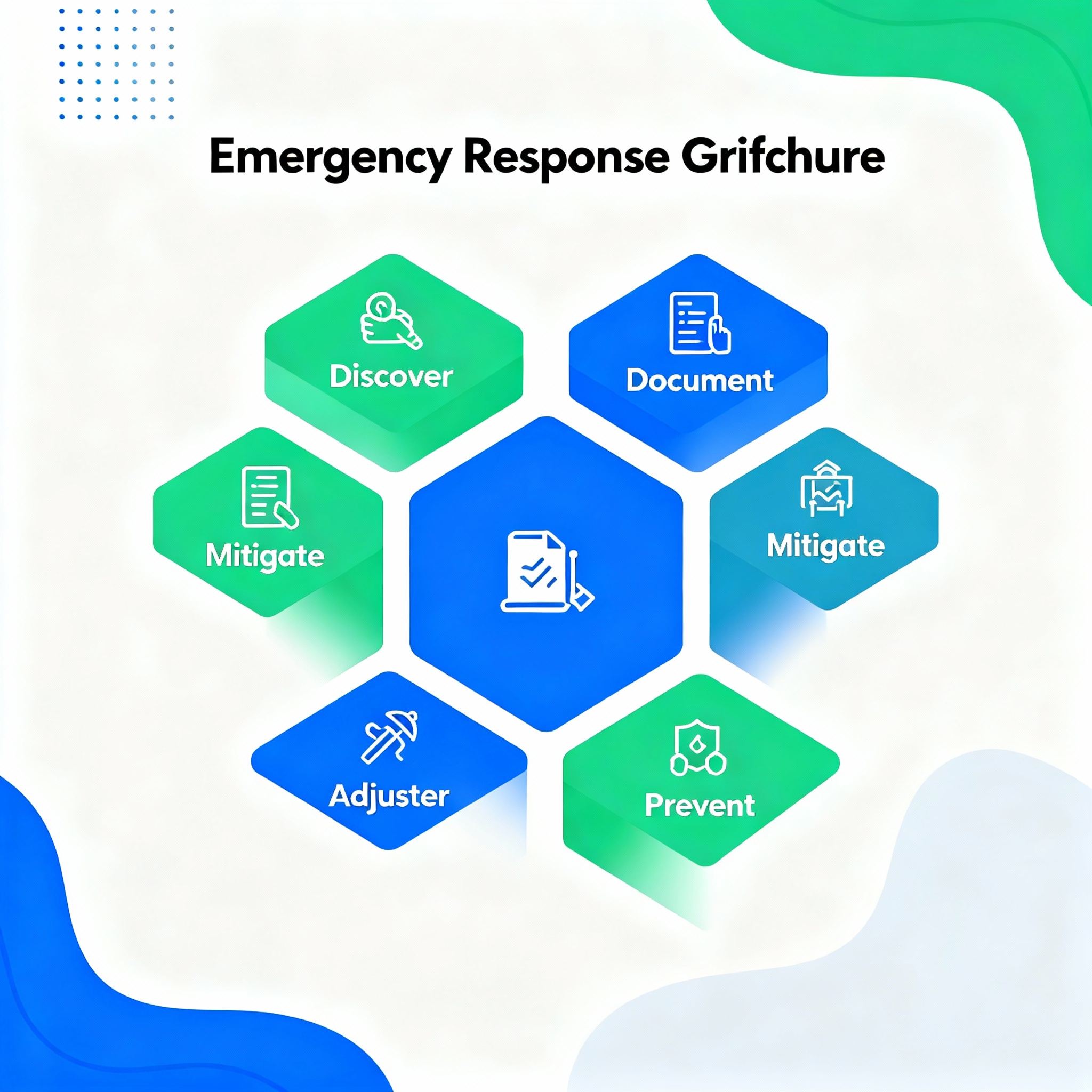 Isometric infographic style diagram showing the 6-step emergency response workflow from discovery to repair, modern flat d...