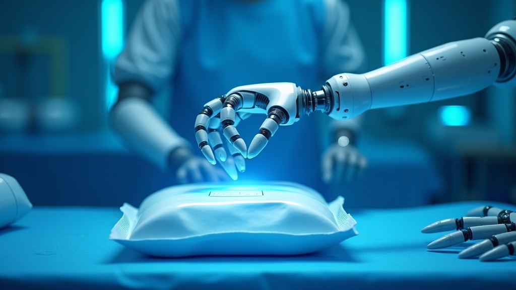 Brazo robótico del sistema robótico envases estériles mostrando su pinza de precisión en un entorno de laboratorio.
