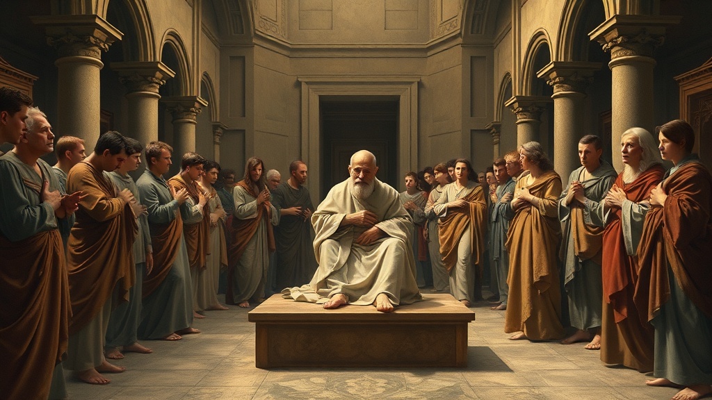 로마네스크 양식의 침묵하는 장로와 양측 인물들, 고전적 명암으로 표현된 장면