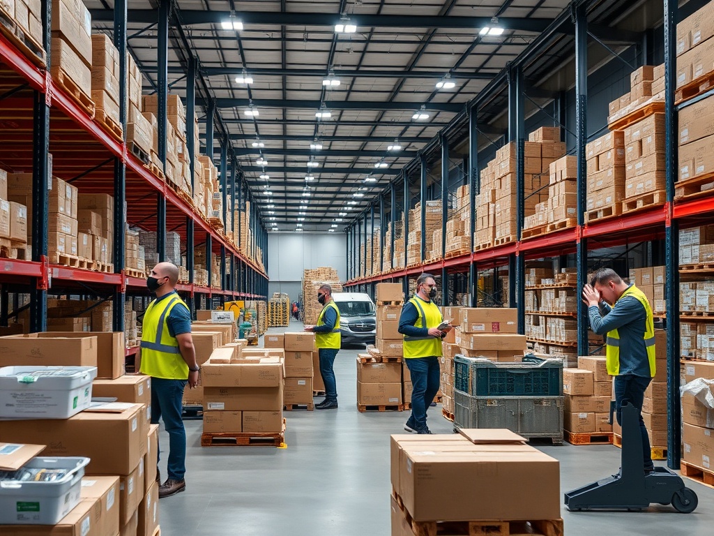 Modern warehouse operations in Cardiff showing workers picking and packing parcels during weekend shifts, busy distribution center environment