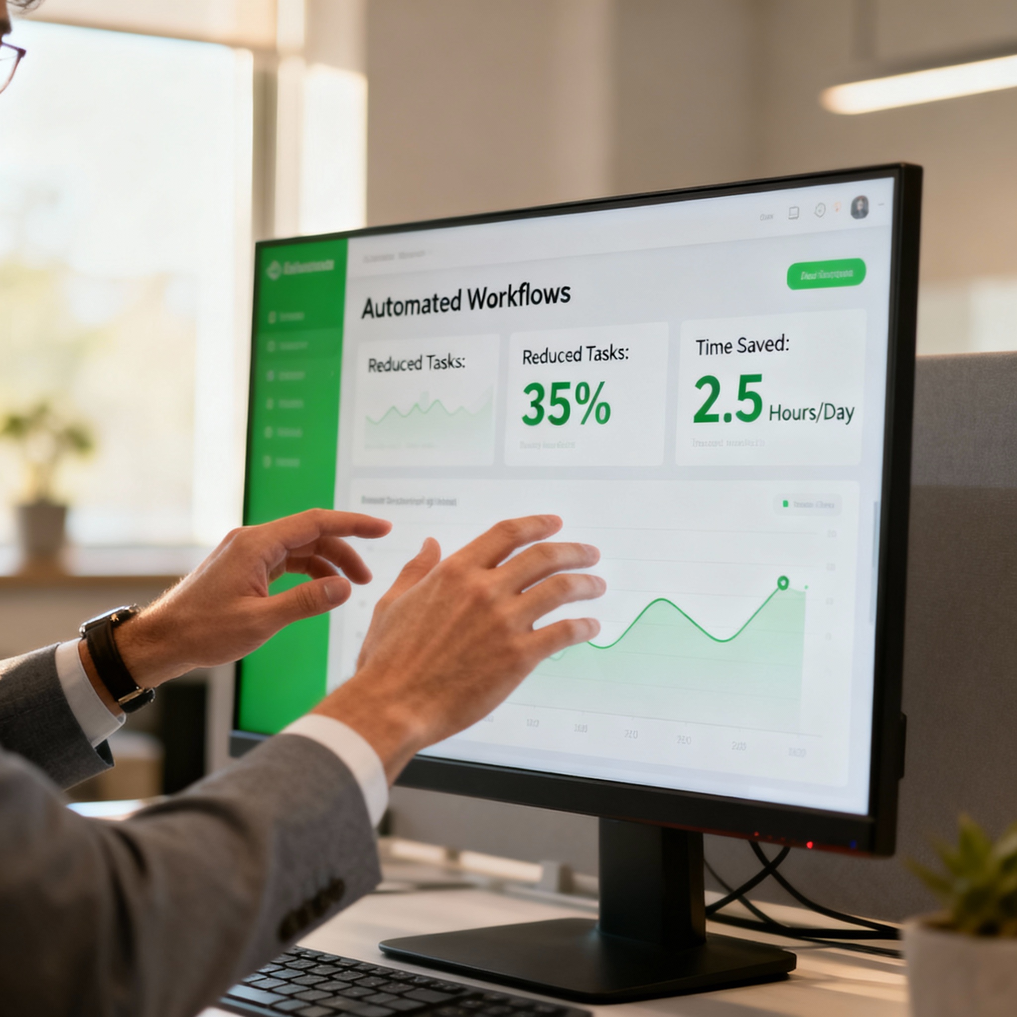 A photorealistic, friendly workspace scene: a business owner reviewing a clean dashboard on a large monitor that shows aut...