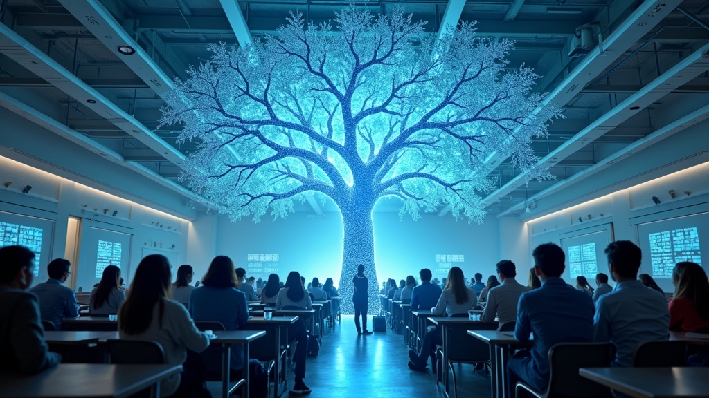 Grupo de estudiantes utilizando dispositivos en un aula moderna, beneficiándose del aprendizaje personalizado que impulsa la formación docente en IA con Microsoft Copilot.