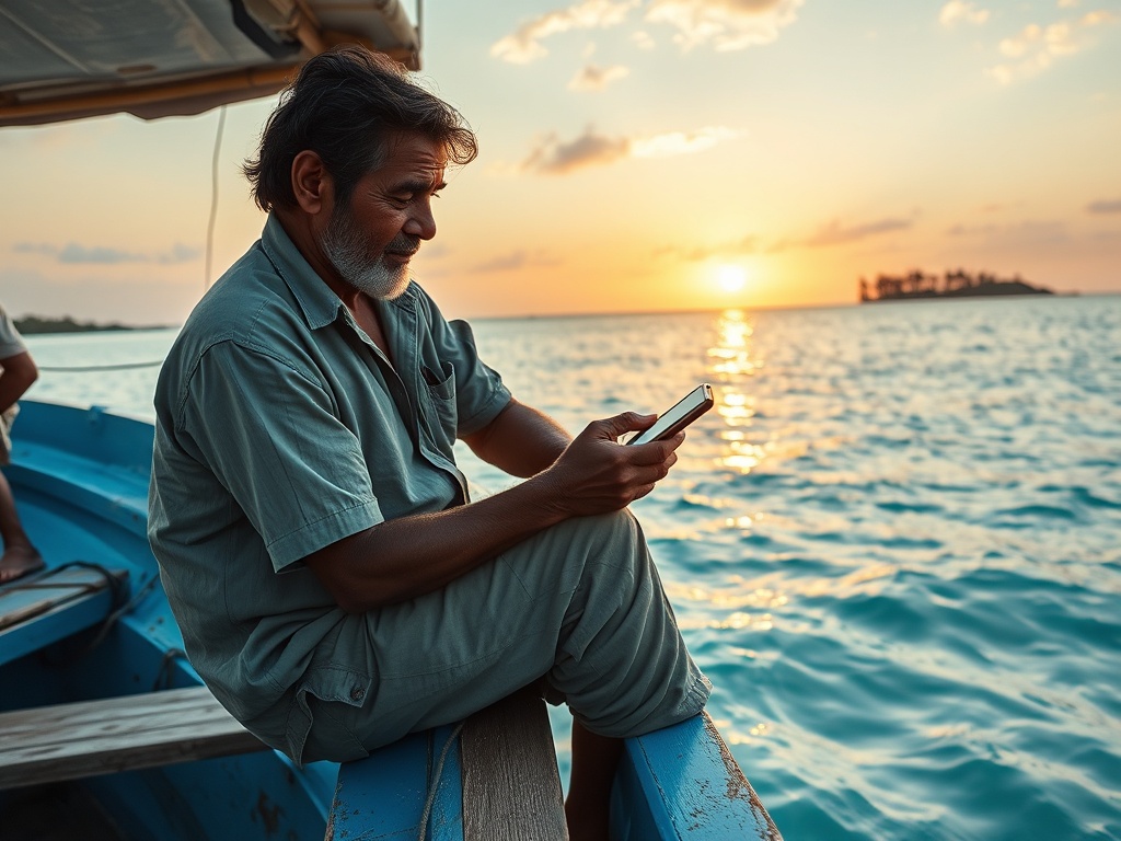 Fisherman Watching Distant Wars from a Dhoni in Turquoise Waters