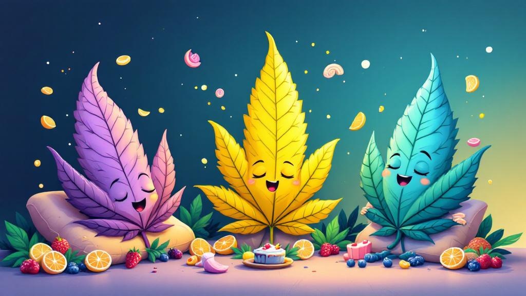 Three cannabis characters representing different vibes and flavor profiles