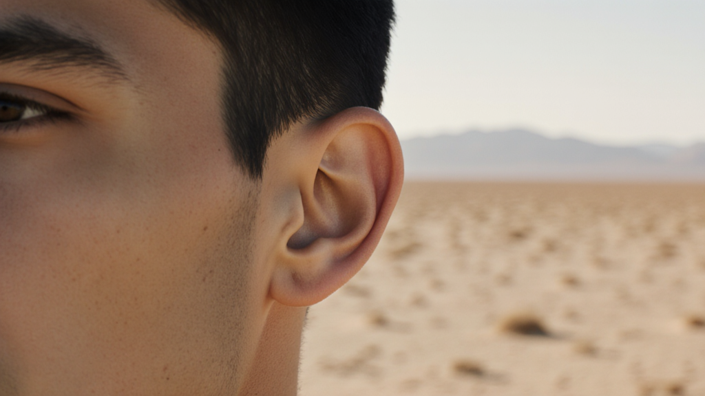 Extreme close-up profile of human ear and side of face against blurred desert vastness, the physical act of listening to nothing.