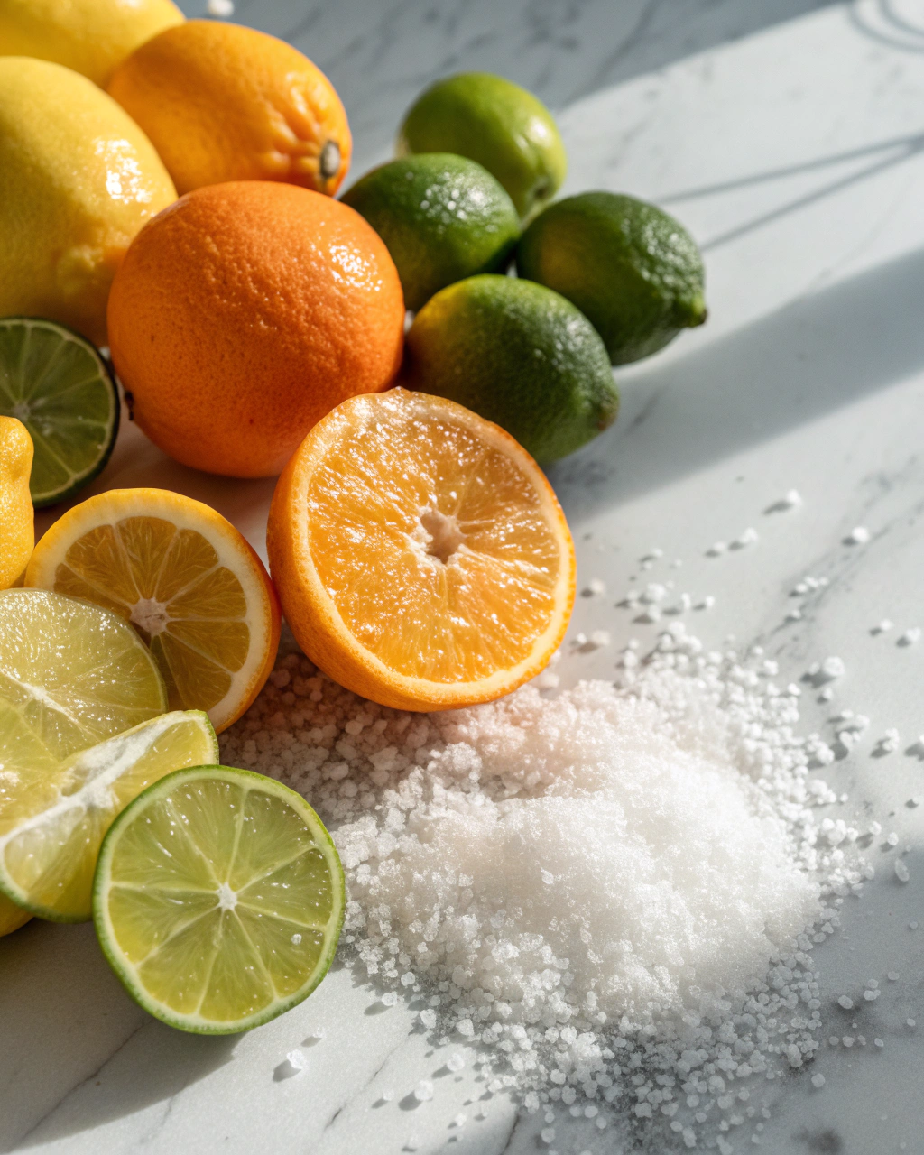 Lemon, Lime and Orange Citrus Salts ingredients laid out on clean white counter