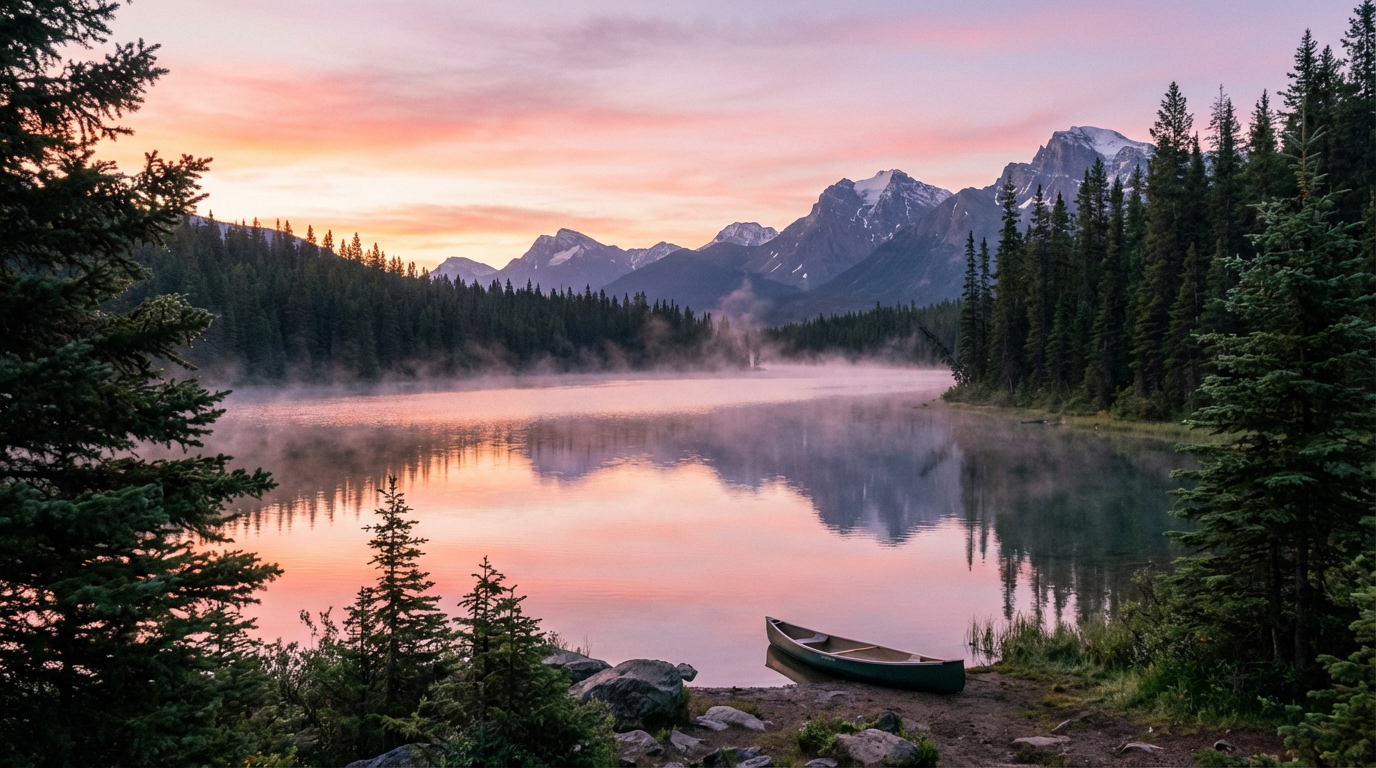 AI-generated image of a tranquil lake at dawn with mountains, by Nano Banana 2