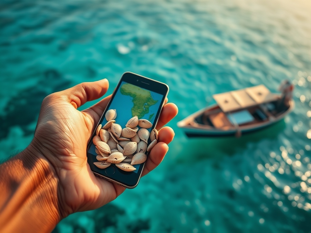 A Weathered Hand Holds Cowrie Shells and a Smartphone