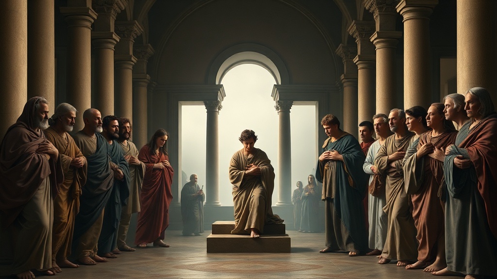 고전적 회중과 심판을 묘사한 회화적 장면