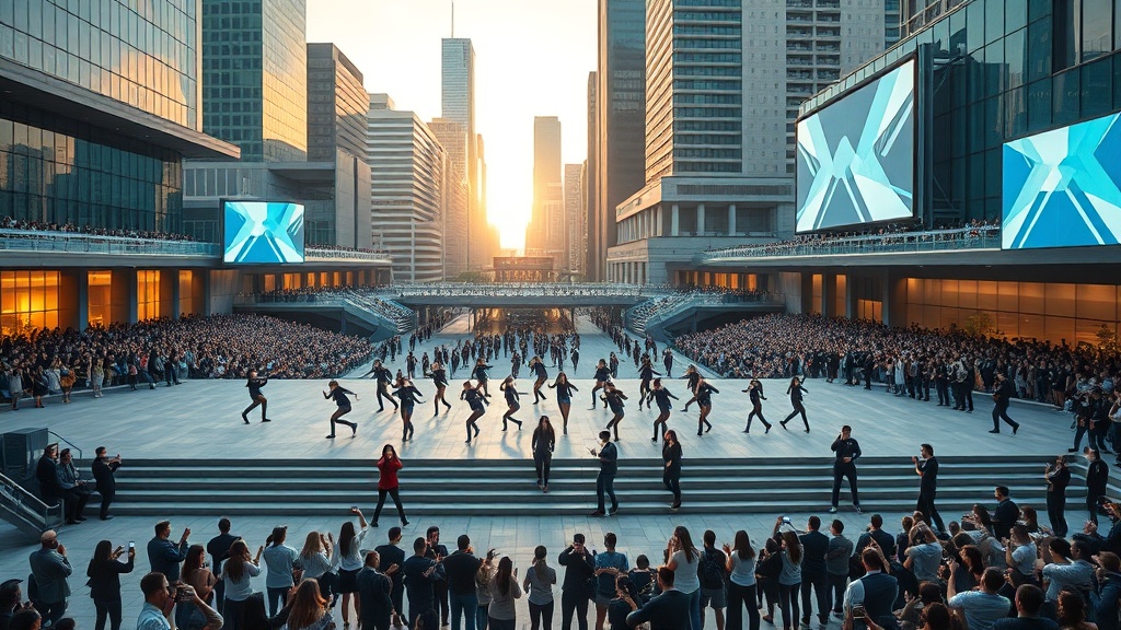 Photorealistic cinematic image of a large-scale dance celebration in an urban plaza