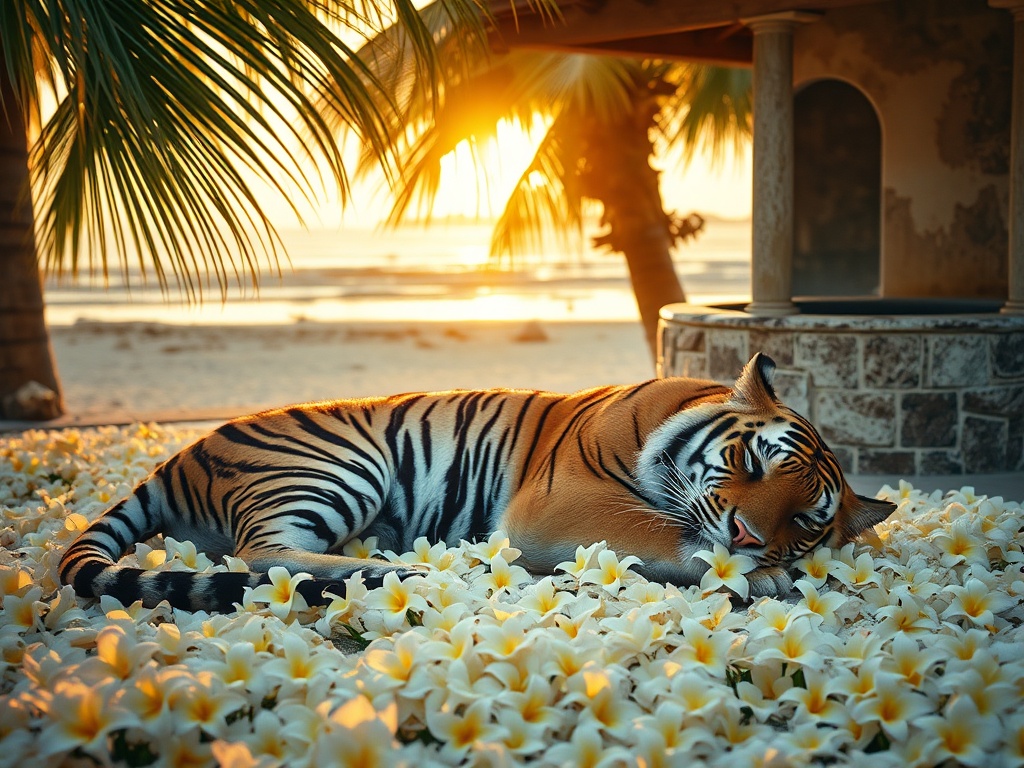 A Tiger on the Plumeria Blossoms by the Old Well