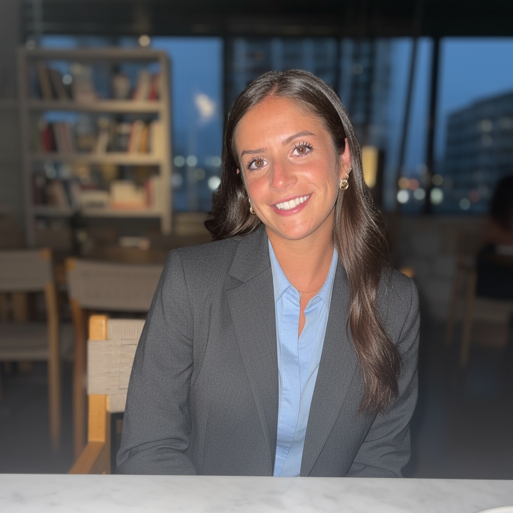 close-up portrait of a young woman with long dark hair and olive skin, ideal for a LinkedIn profile