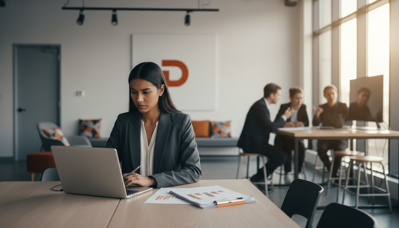Modern marketing leader reviewing dashboards on a laptop in a bright, contemporary co‑working office with teammates collaborating in the background, warm soft light and clean, neutral styling.