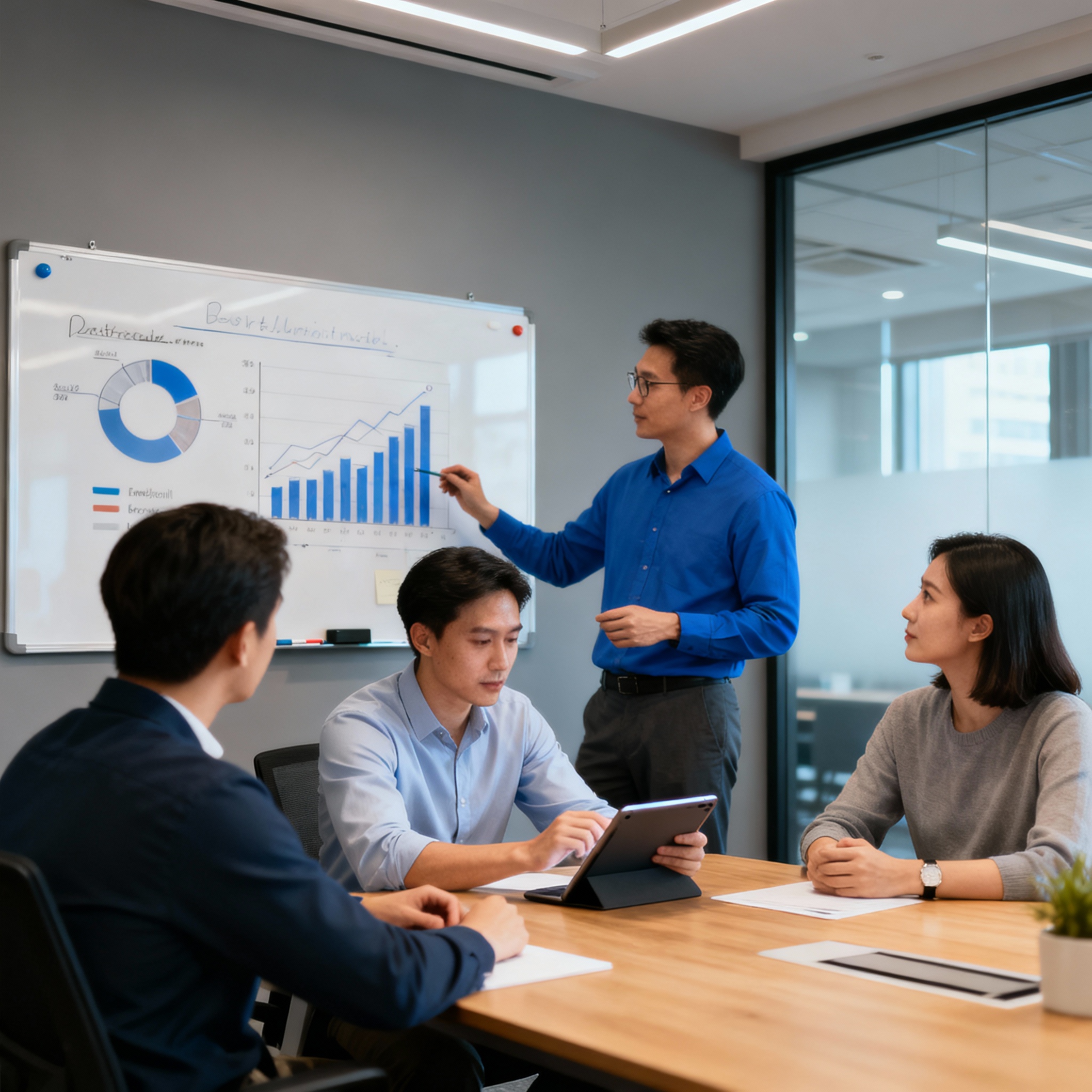 Photograph-style composition of a small team in a modern meeting room reviewing metrics on a tablet and whiteboard, photor...
