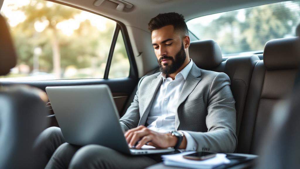 Business professional working productively during airport transfer
