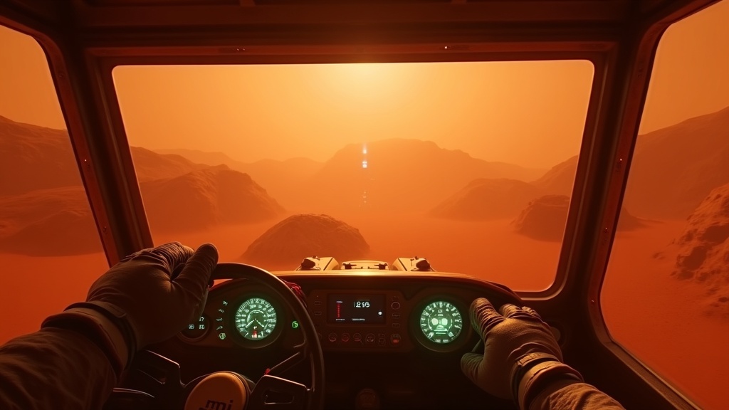 Un rover explora el paisaje rojo de Marte, un punto clave en nuestro análisis de Surviving Mars Pioneer VR.