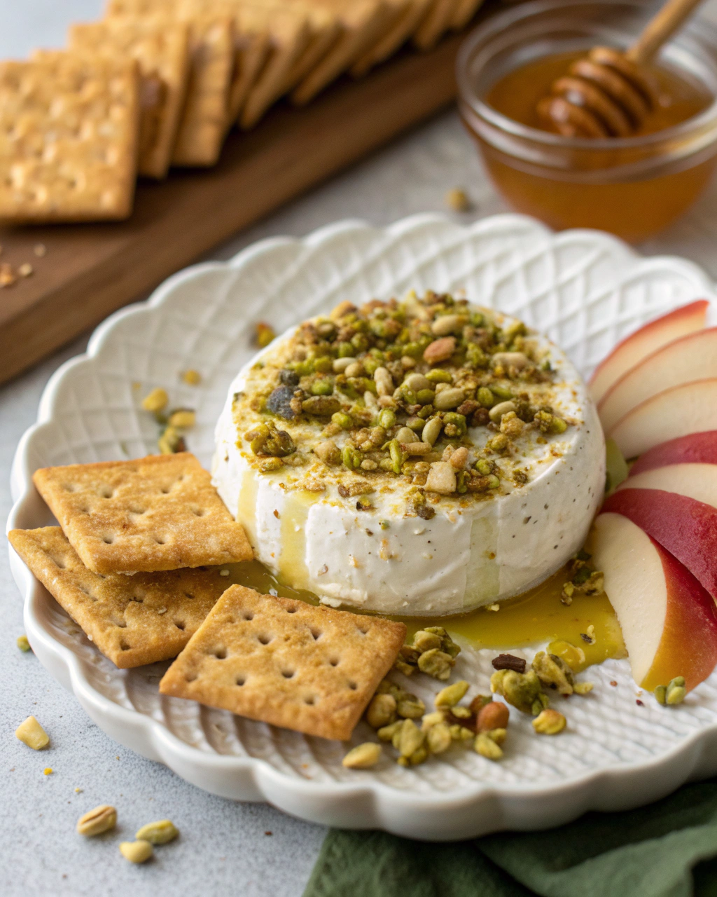 Boursin appetizer with pistachios and honey ingredients arranged on marble surface