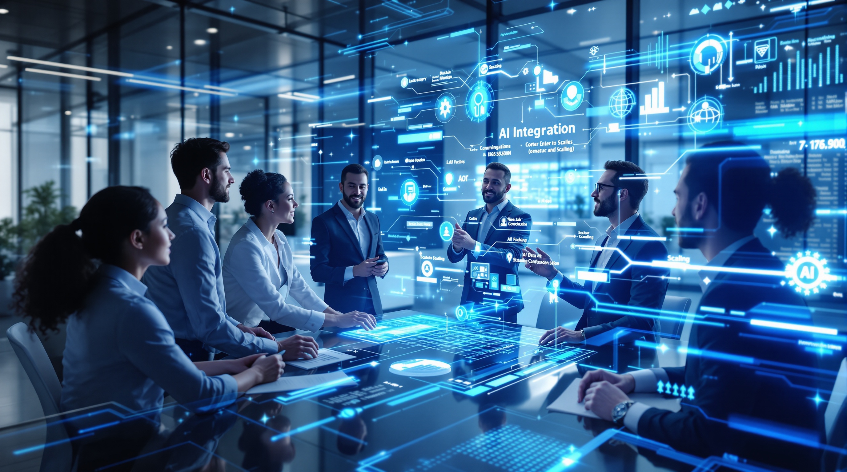Executives collaborating around a holographic AI integration roadmap in a modern office setting