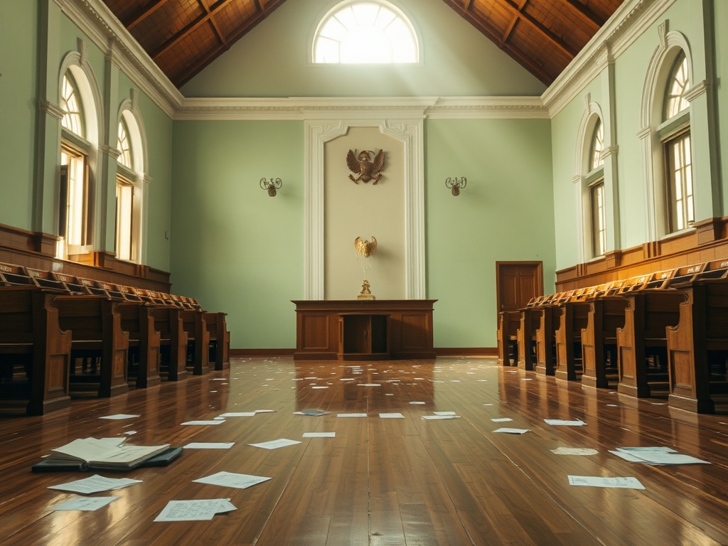 Empty Parliament, Scattered Papers, and a Tilted Flag