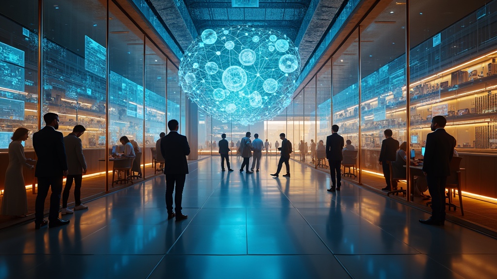 Visualización de la inteligencia artificial procesando big data para la optimización de siniestros en seguros.