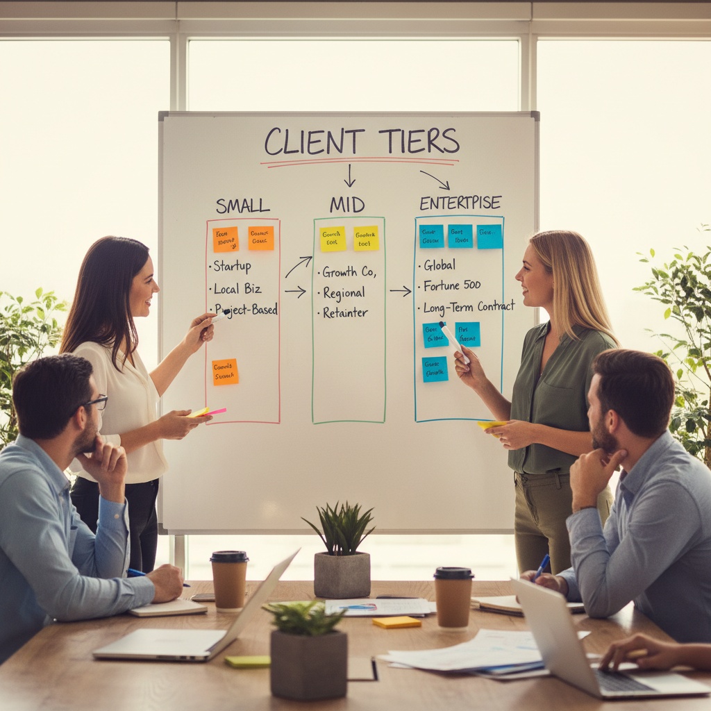 Photo of a whiteboard session with an agency team mapping client tiers, sticky notes labeled Small, Mid, Enterprise, warm ...