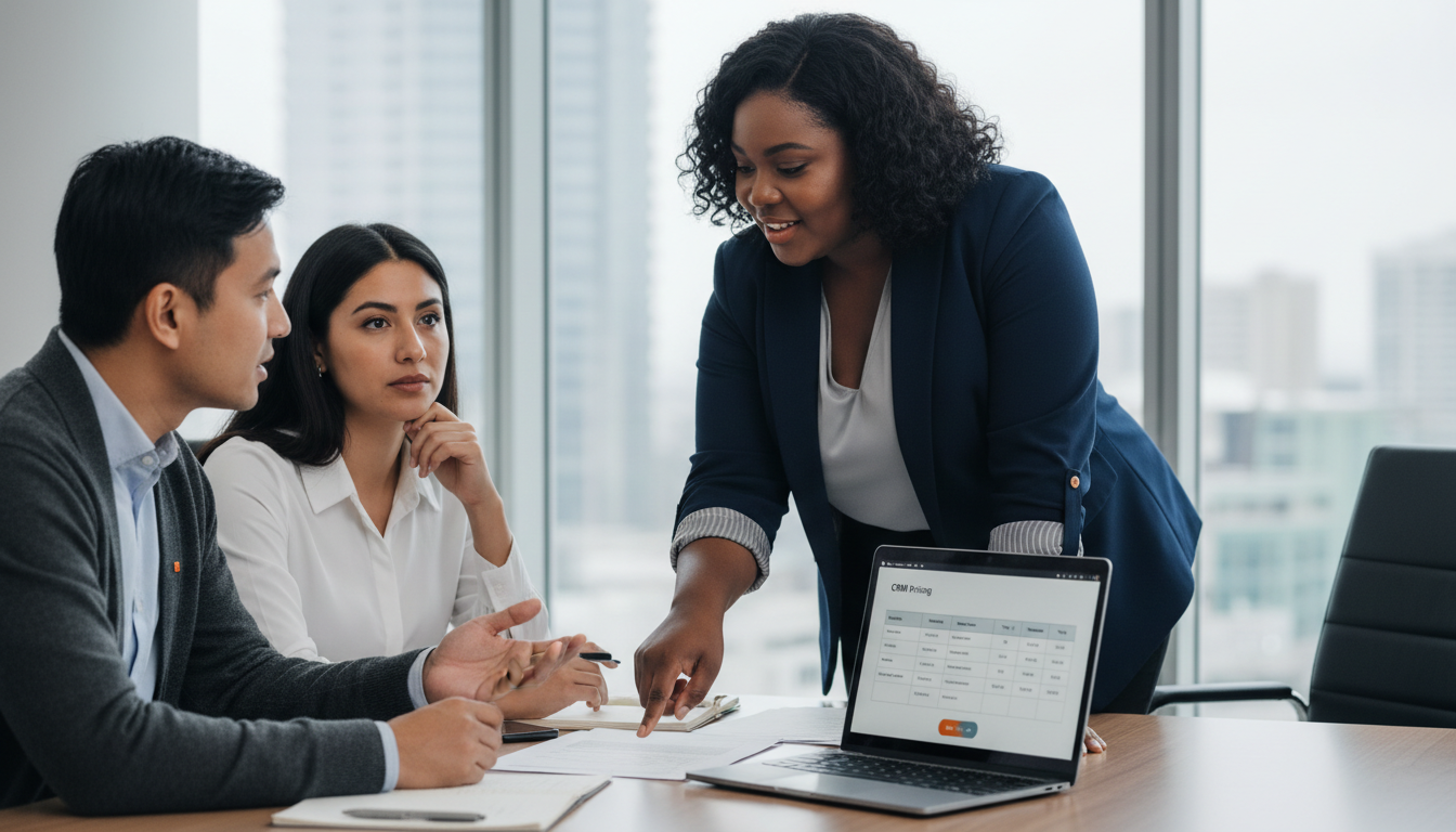 Consultant leading a vendor comparison in a modern glass-walled conference room, pointing to printed contracts on a table while colleagues review CRM pricing on laptops in soft natural daylight.