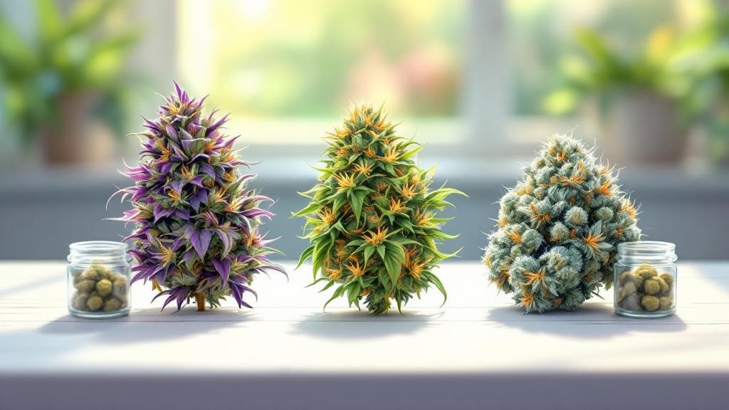 Cartoon illustration of diverse premium cannabis flower buds