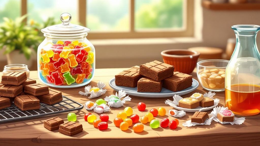Cartoon assortment of gummies chocolates brownies and beverages