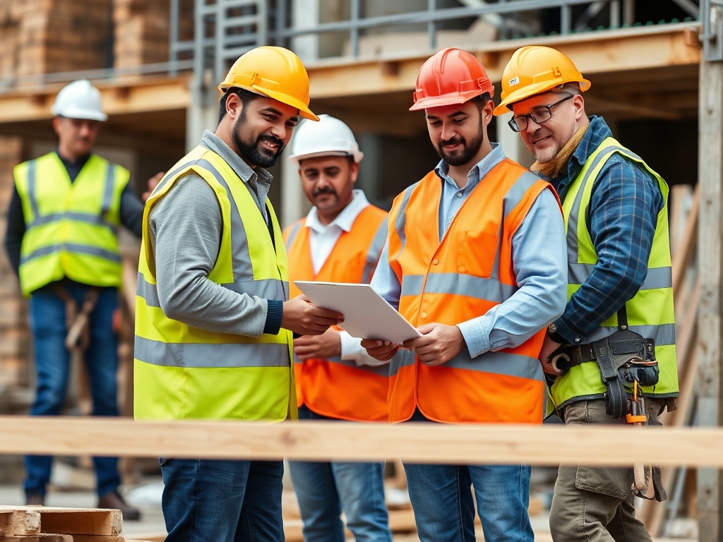 Various skilled construction trades working together including carpenters bricklayers electricians and plumbers on site