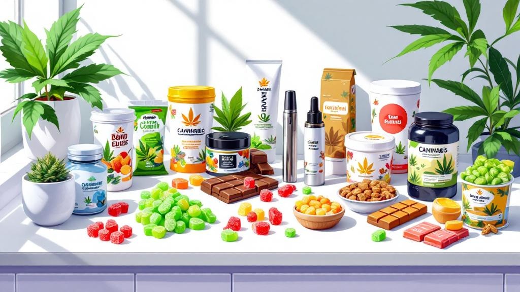 Diverse cannabis products including edibles and vapes cartoon