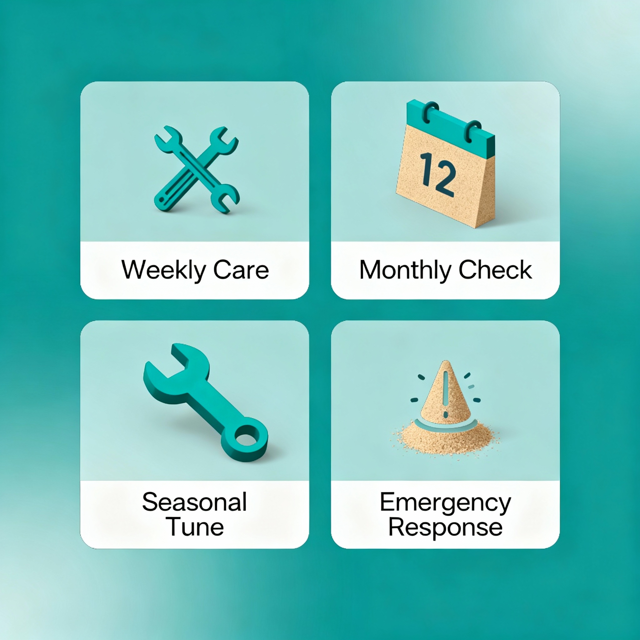 Isometric minimalist infographic-style image showing a simplified maintenance cycle: Weekly Care, Monthly Check, Seasonal ...