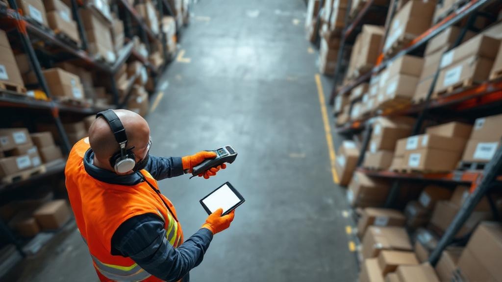 Warehouse employee scanning inventory with RFID technology
