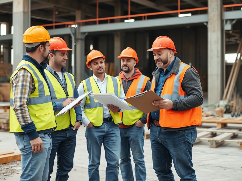 Construction team site inspection quality check productivity management supervisor with clipboard reviewing work progress