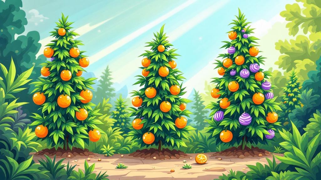 Cannabis strain flavor profiles illustrated with plants