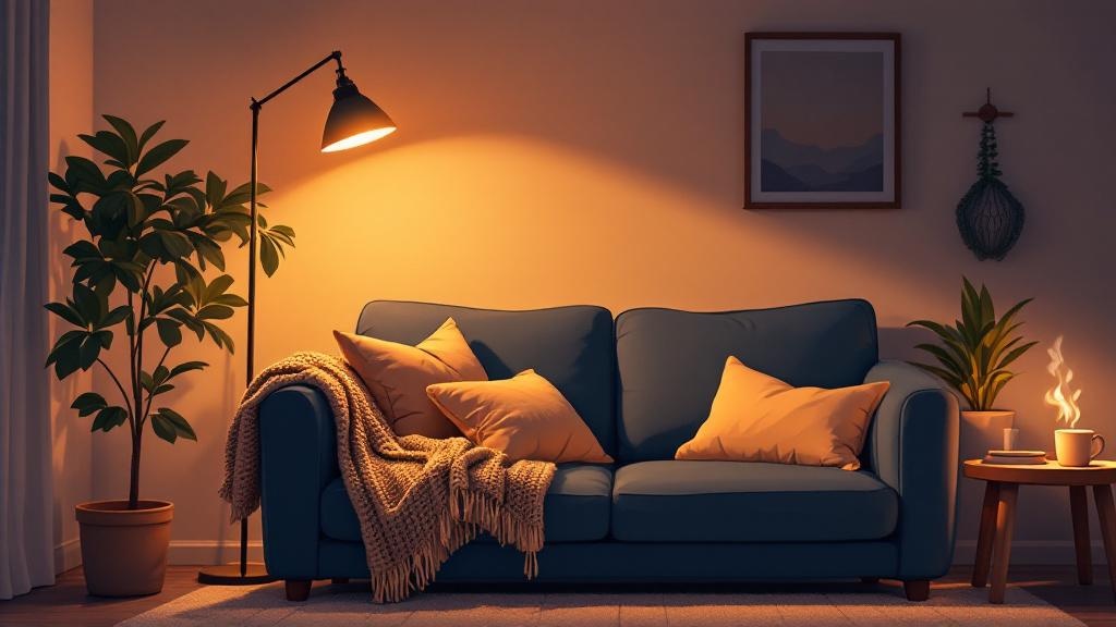 Cozy evening relaxation scene with comfortable sofa