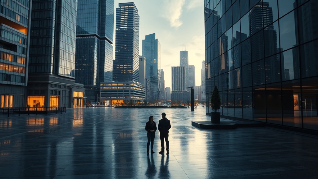 현대 도시 광장의 영화적 장면과 소수의 사람들