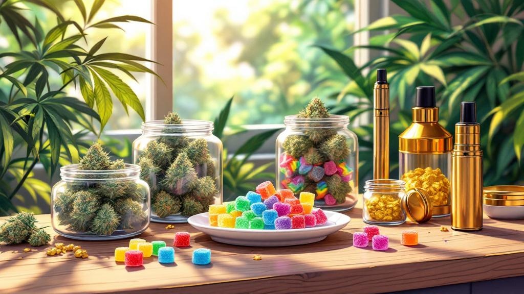 Diverse cannabis products including flowers and edibles