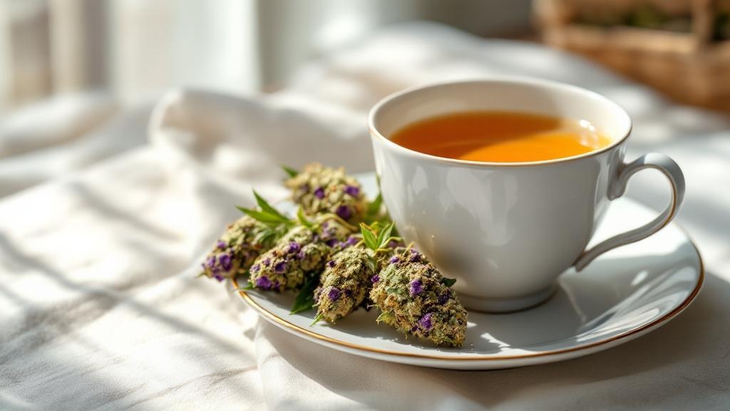 Fresh cannabis flower with golden herbal tea