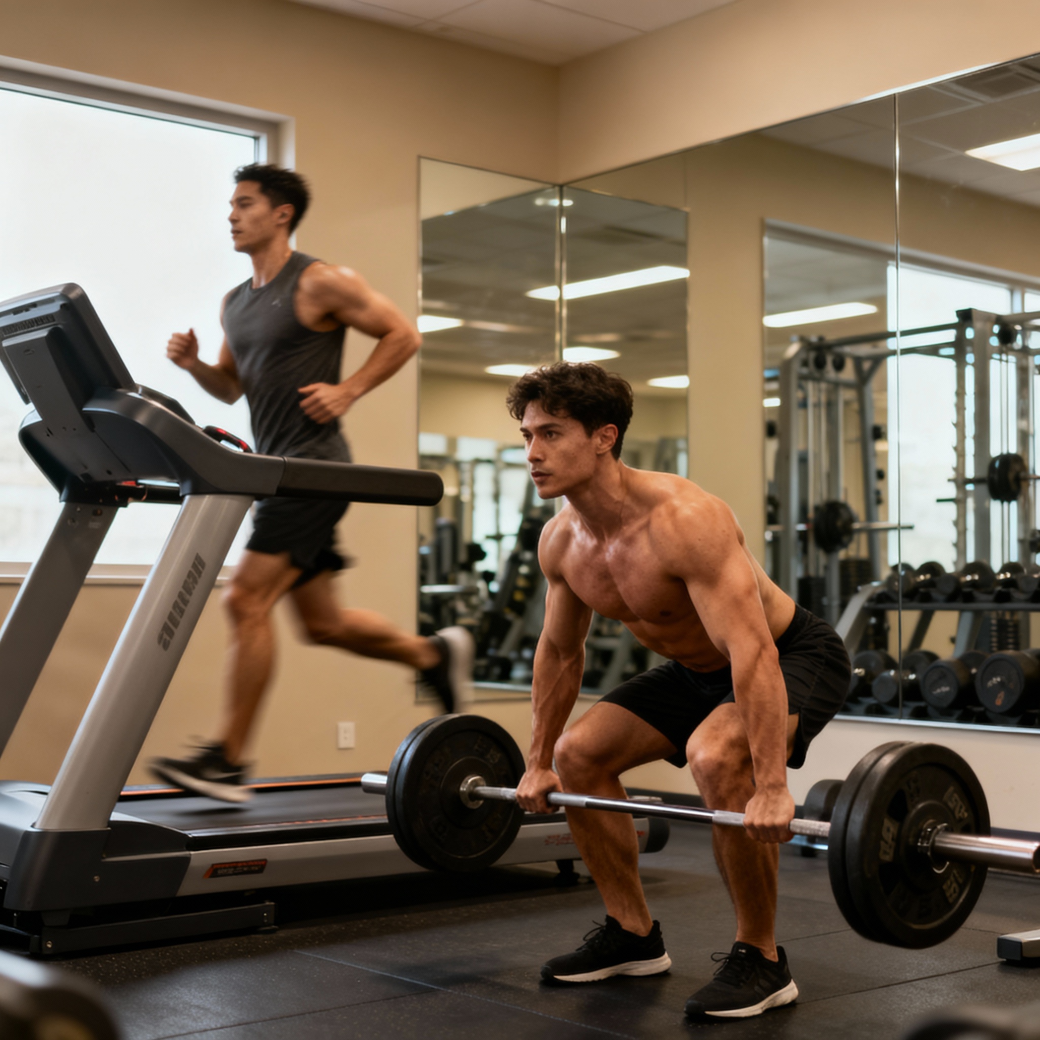 A friendly, photorealistic gym scene of a person alternating between a short run on a treadmill and doing barbell squats, ...