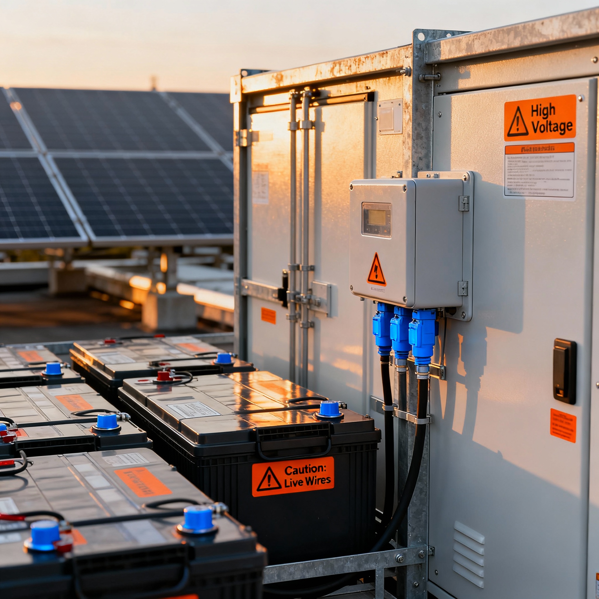 Independent Solar | Solar Dealer Program Arizona: Partner With Independent Solar Photorealistic close-up of a commercial battery storage array next to rooftop panels, late-afternoon light, industrial set...