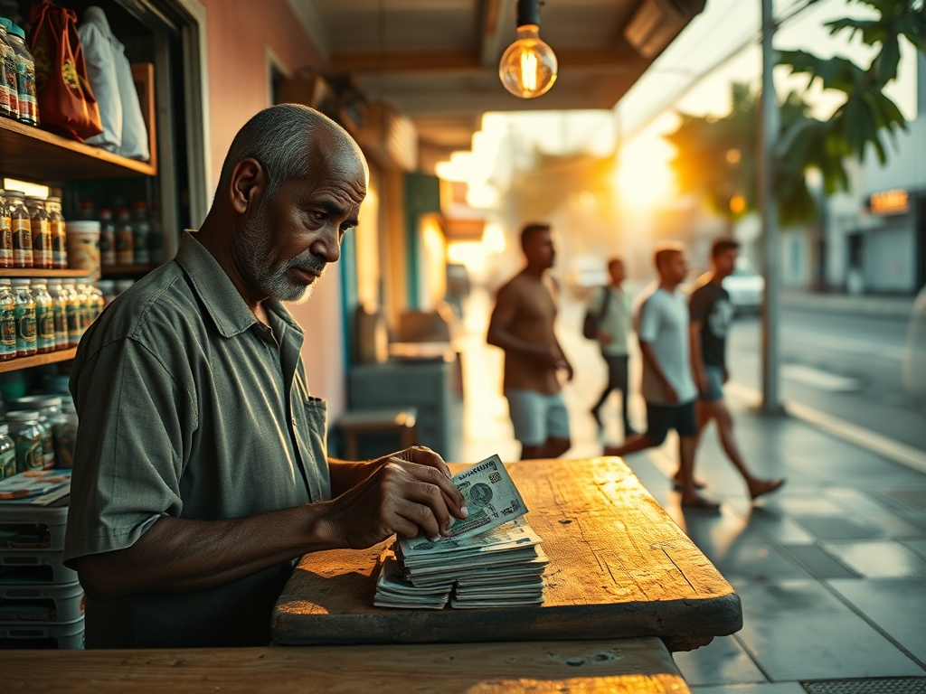 The Shopkeeper Counting Ruffiya as Resort Workers Pass By