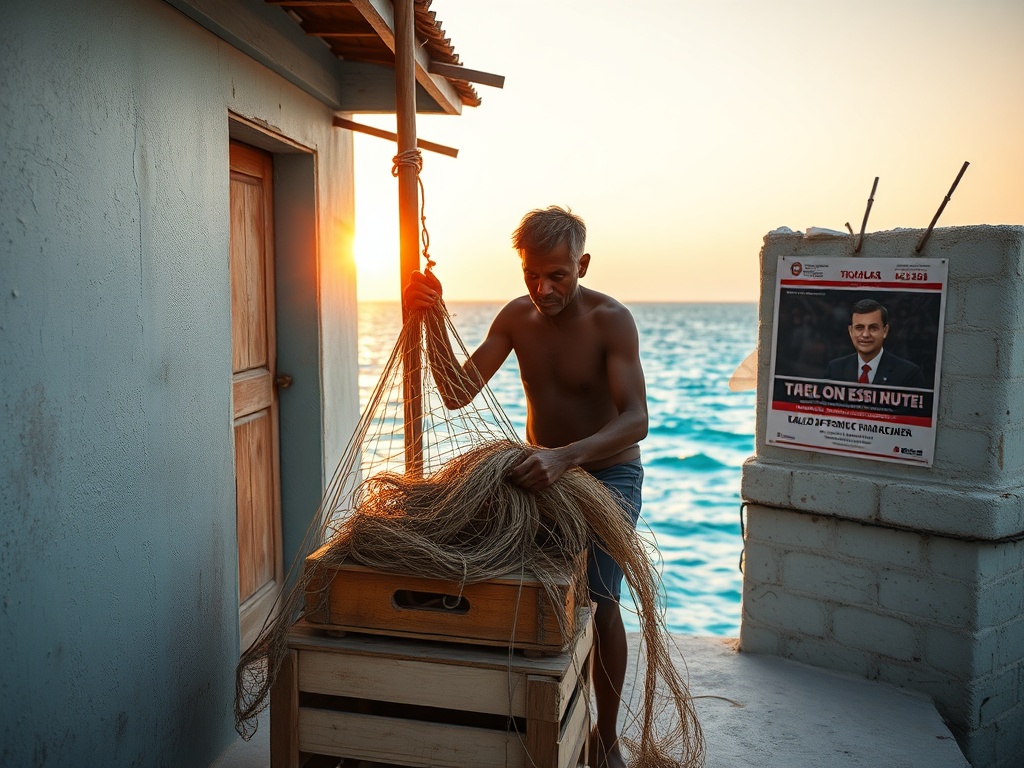 Fishermen Mend Nets as Campaign Posters Fade on the Wall