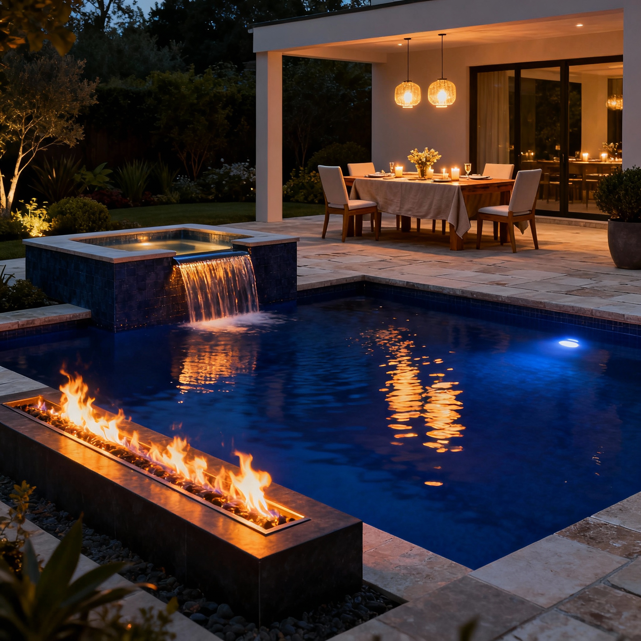 Photorealistic evening shot of completed luxury backyard showing lit pool, raised spa spillway, linear gas fire pit, and a...